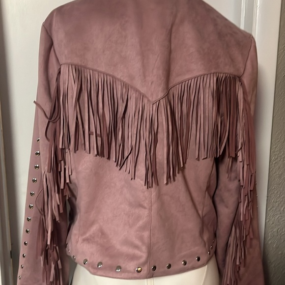 pink suede leather jacket fringes by Adore beaded button close nwt - Picture 6 of 12